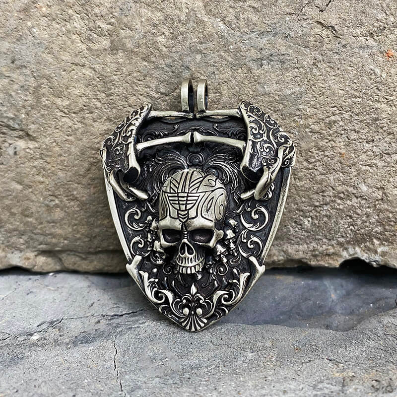 Sword and Shield Sterling Silver Skull Pendant
