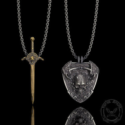 Sword and Shield Sterling Silver Skull Pendant