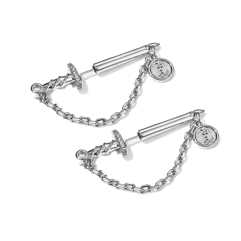 Sword With Chain Silver Plated Copper Earrings