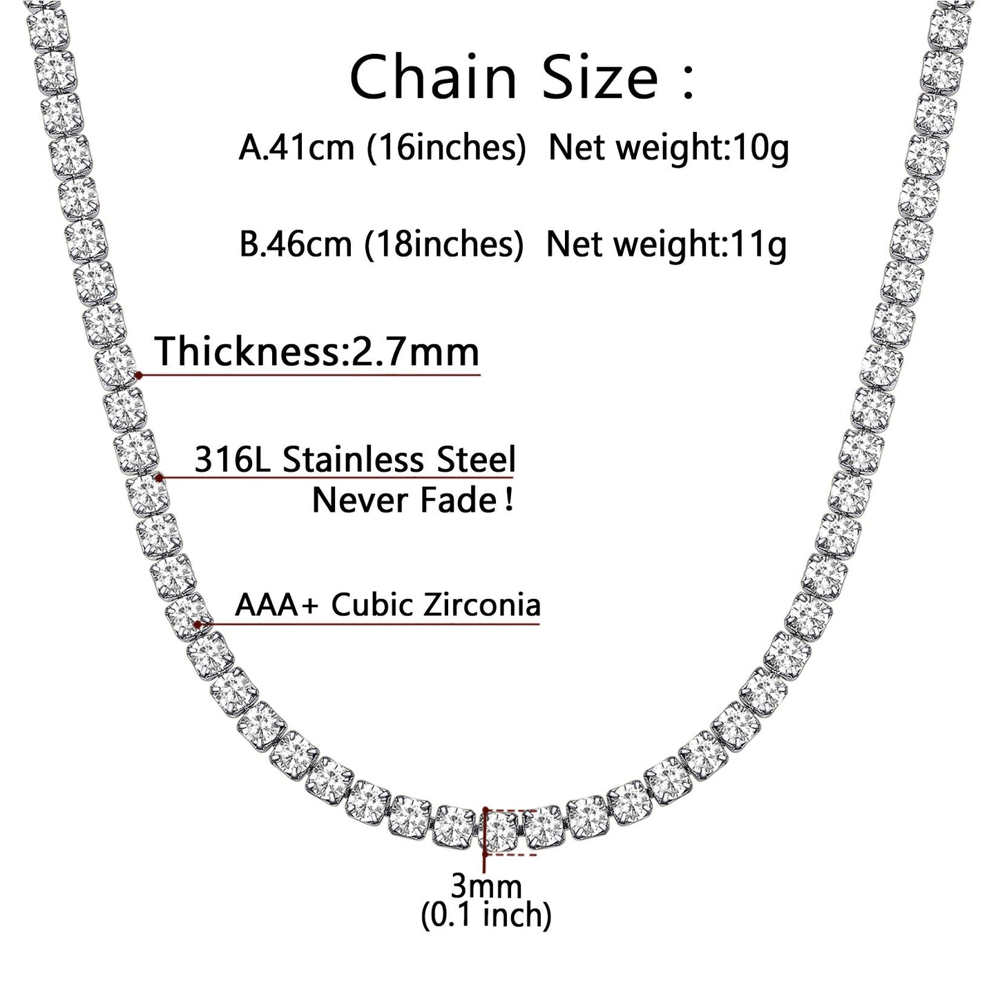 Cz Diamond Cut Tennis Chain Necklace for