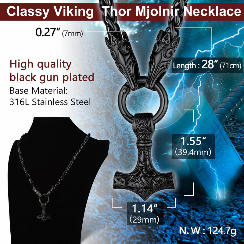 Viking Thor's Hammer Mjolnir Necklace for With Wolf Chain
