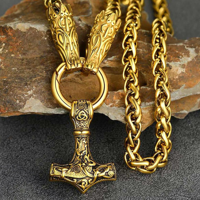 Viking Thor's Hammer Mjolnir Necklace for With Wolf Chain