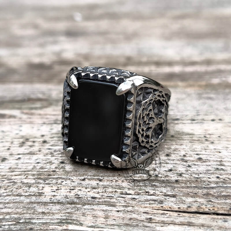 Tree of Life Onyx Stainless Steel Viking Ring