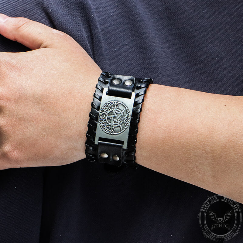 Triple Moon Tree of Life Leather Viking Bracelet