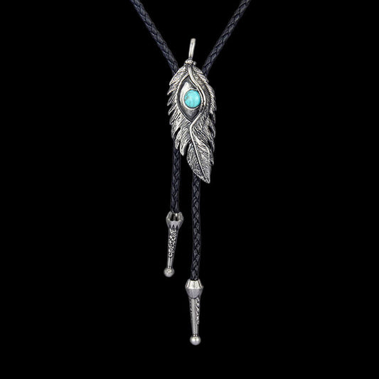 Turquoise-inlaid Feather Alloy Bolo Tie