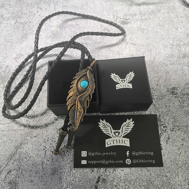 Turquoise-inlaid Feather Alloy Bolo Tie
