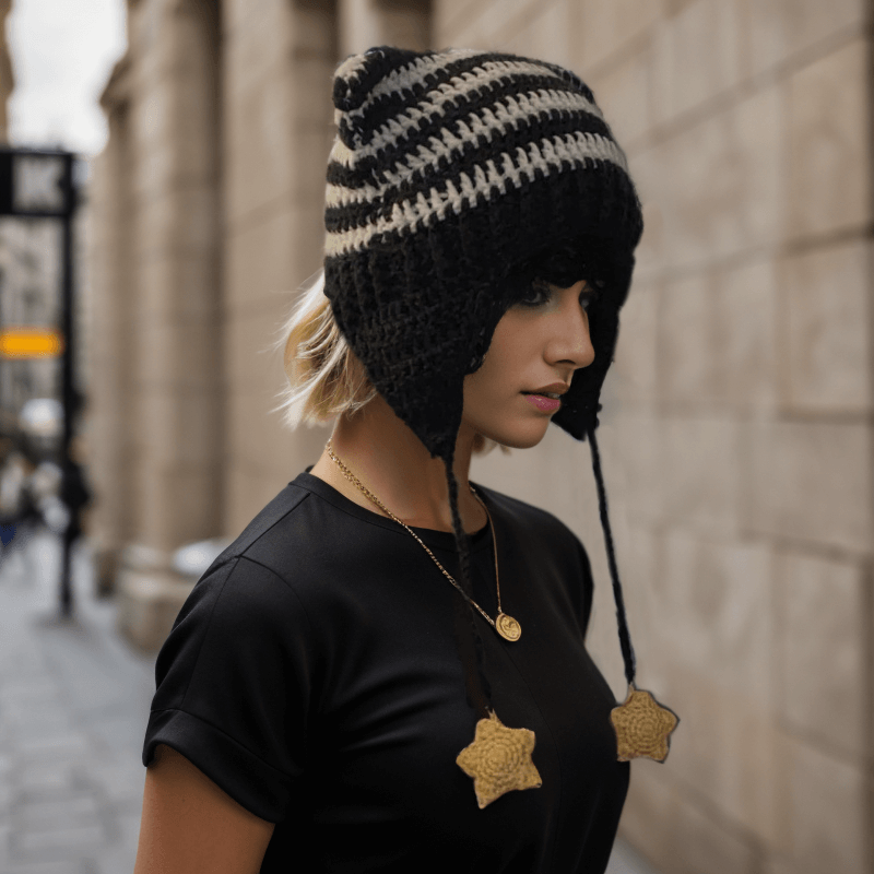 Two-tone Striped Cat Ear Knitted Beanie Hat