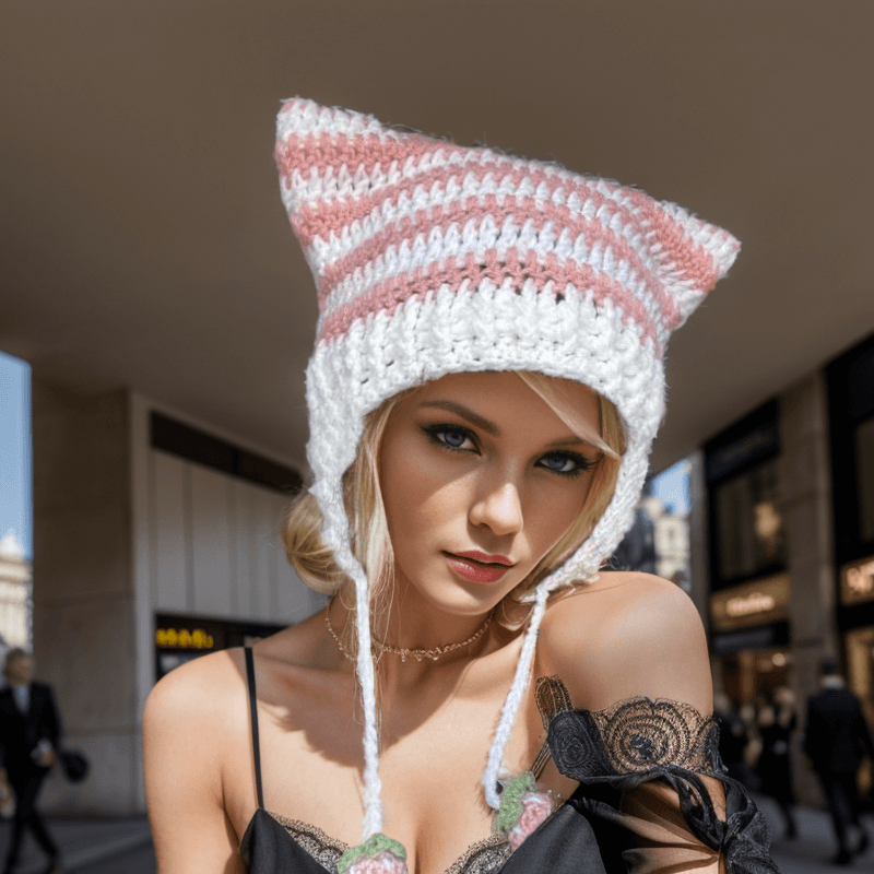 Two-tone Striped Cat Ear Knitted Beanie Hat