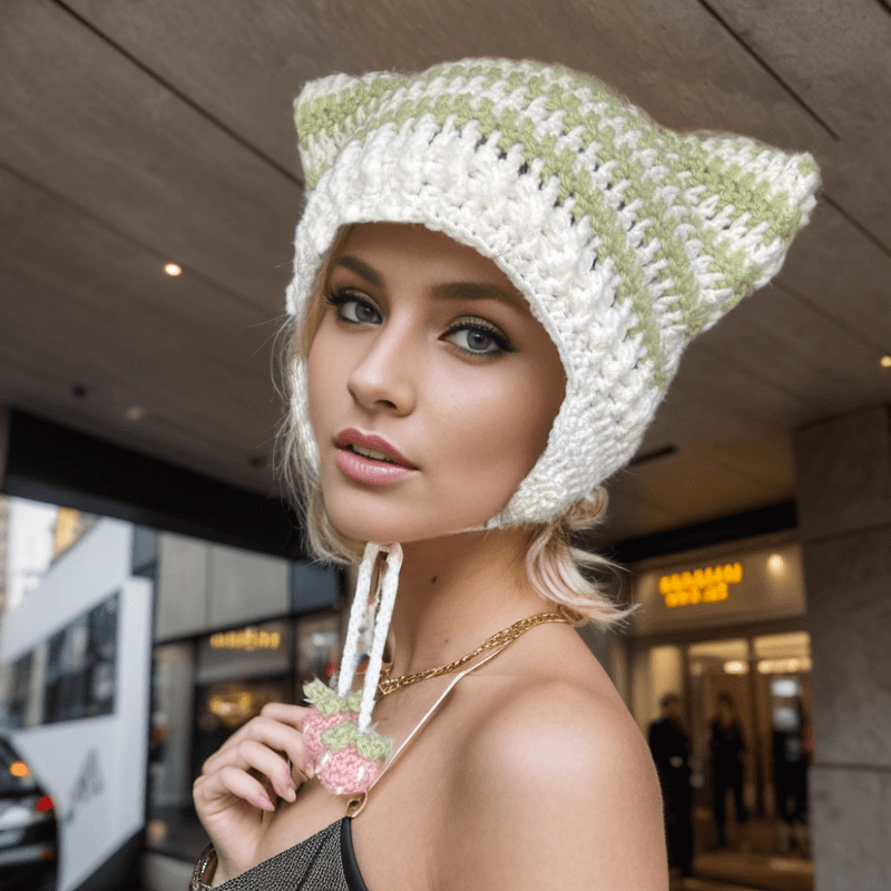 Two-tone Striped Cat Ear Knitted Beanie Hat