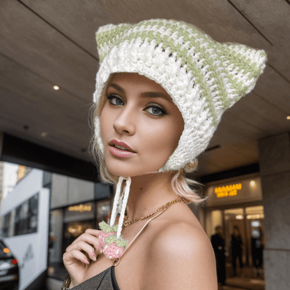 Two-tone Striped Cat Ear Knitted Beanie Hat