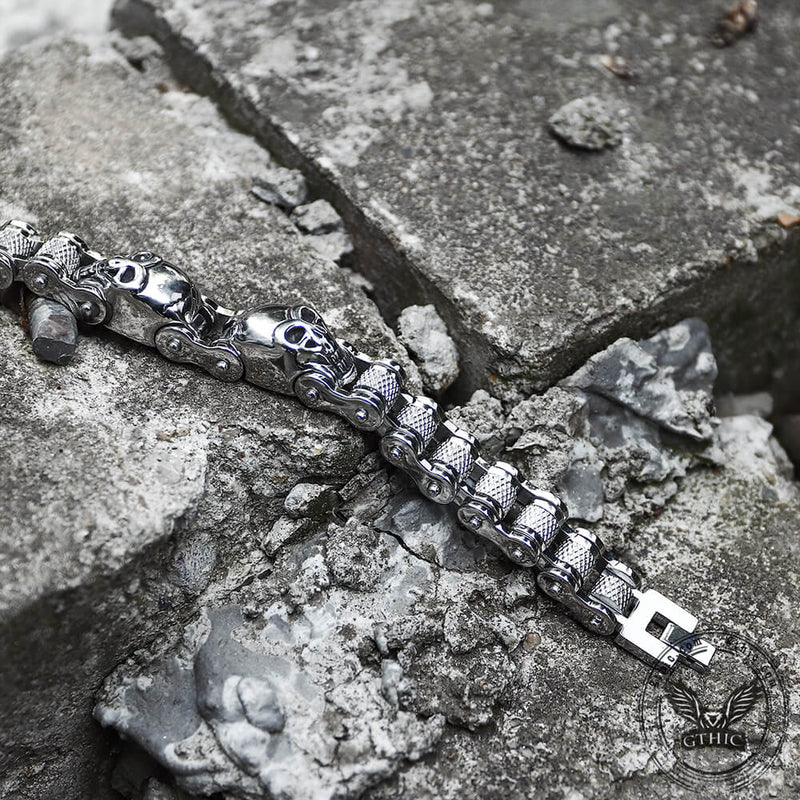 Two Skulls Stainless Steel Biker Bracelet