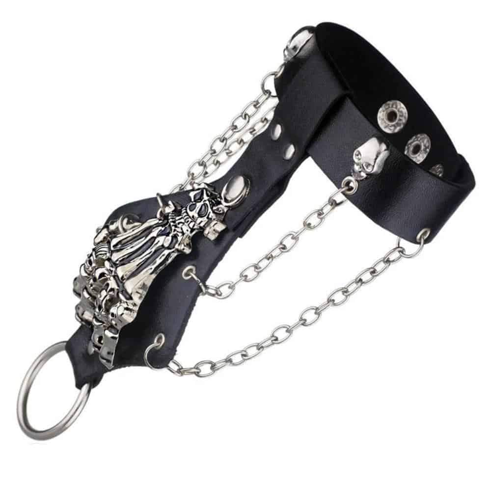 Cool Gothic Skeleton Hand Glove Chain Link Wristband Bangle Leather Bracelet