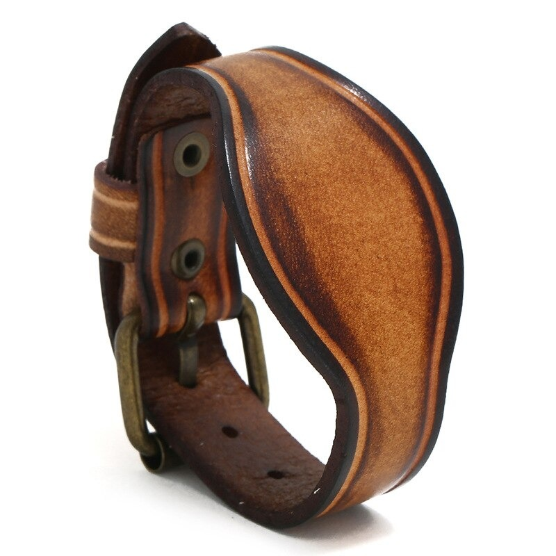 Genuine Leather Bracelet / Wide Bangle in Punk Style / Brown Wristband