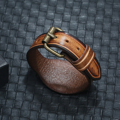 Genuine Leather Bracelet / Wide Bangle in Punk Style / Brown Wristband