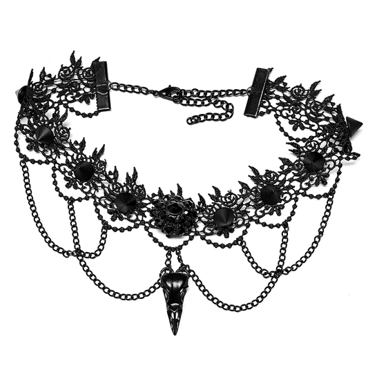 Victorian Gothic Lace Choker With Bird Skull Pendant