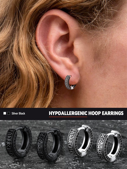 Sterling Silver Viking Runes Hoop Earrings With Black Zirconia for