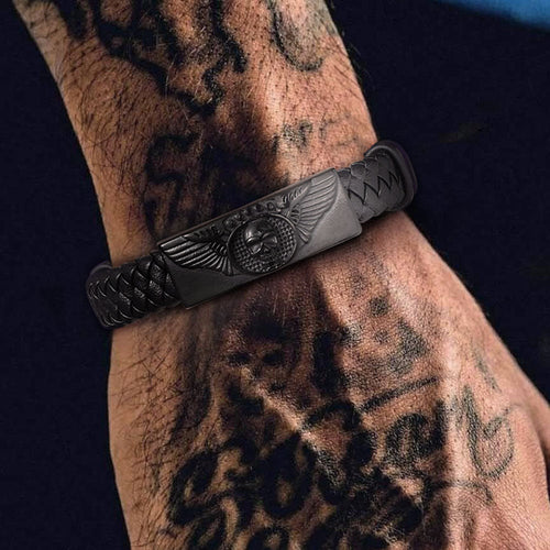 Black Braided Leather Bracelet Cuff With Skull Wing for Son