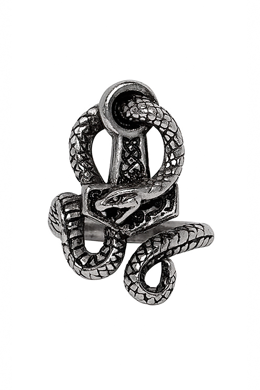 Viking Serpent and Hammer Ring in Antiqued Pewter