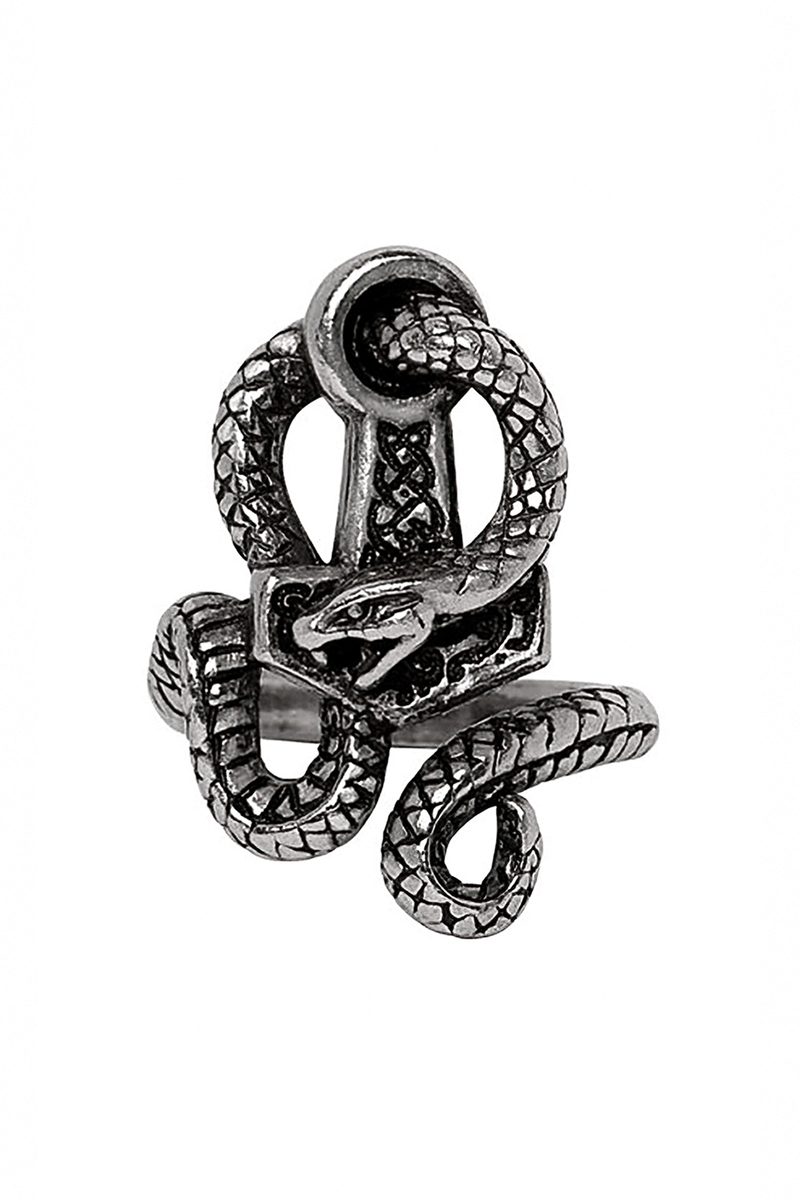 Viking Serpent and Hammer Ring in Antiqued Pewter