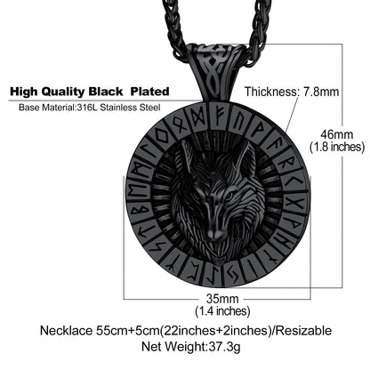 Viking Wolf Medal Necklace With Runes Jewelry for