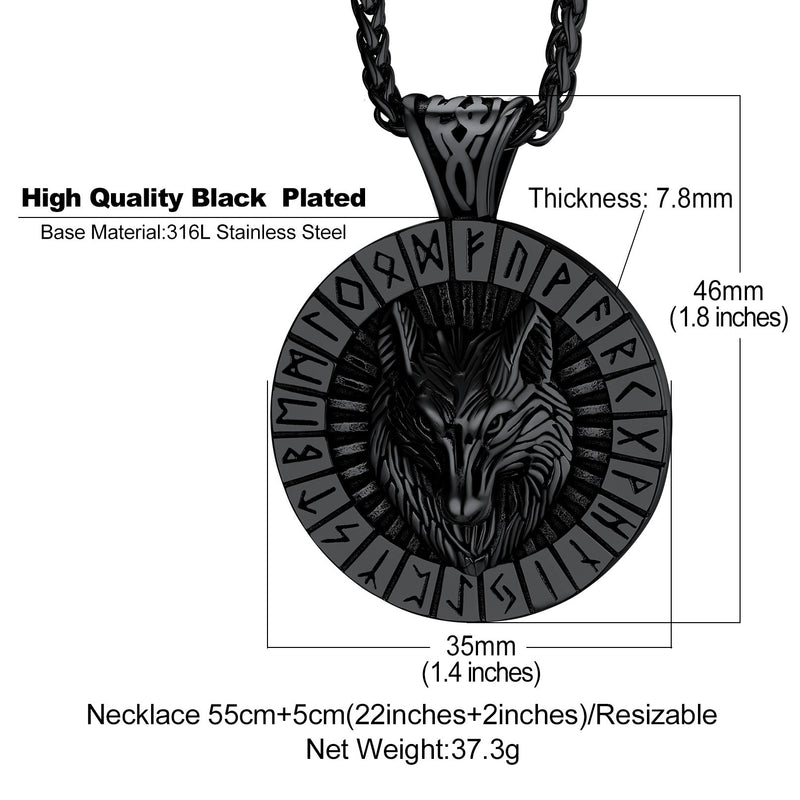 Viking Wolf Medal Necklace With Runes Jewelry for