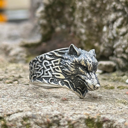 Viking Celtic Knot Wolf Head Sterling Silver Ring