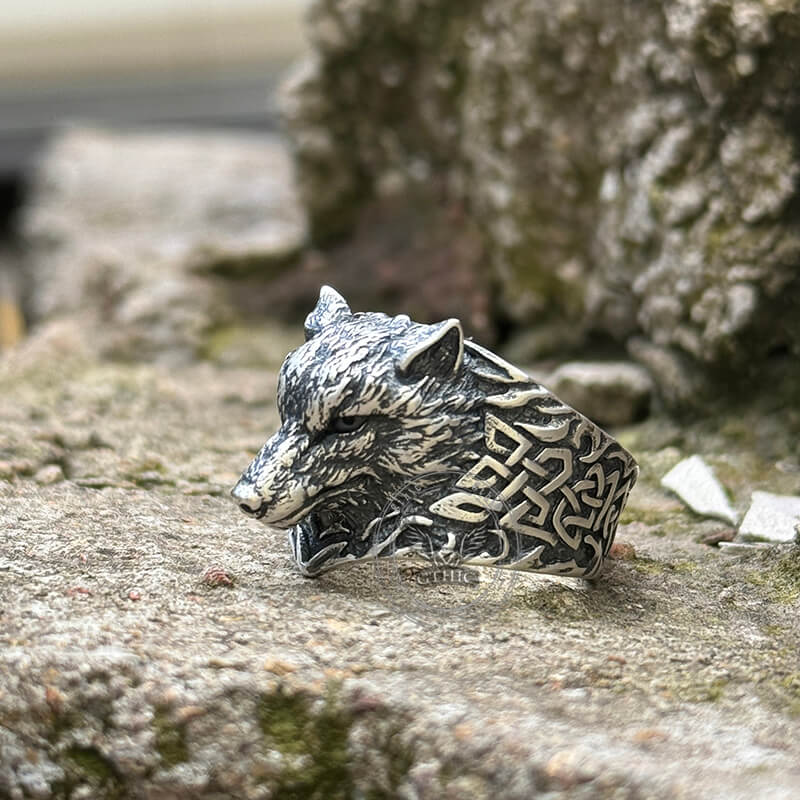 Viking Celtic Knot Wolf Head Sterling Silver Ring
