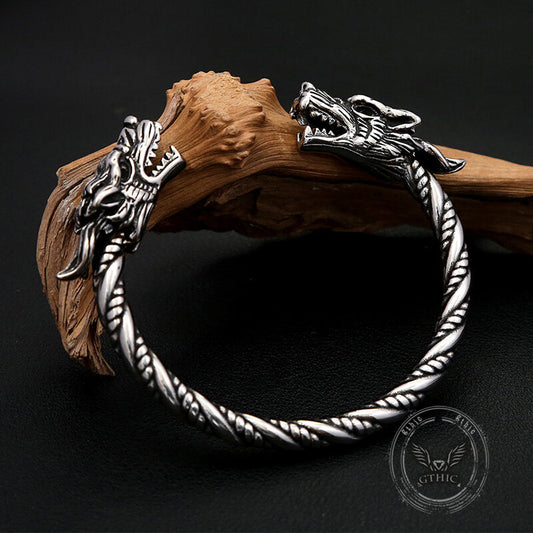 Viking Double Dragon Head Stainless Steel Nordic Open Bracelet
