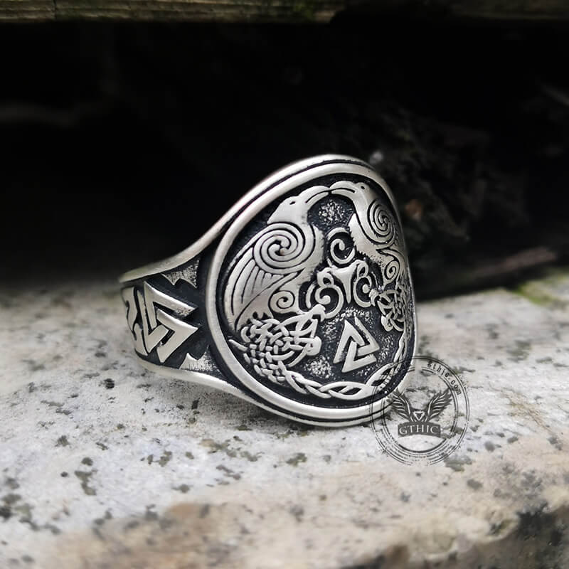 Viking Ravens Valknut Symbols Sterling Silver Ring