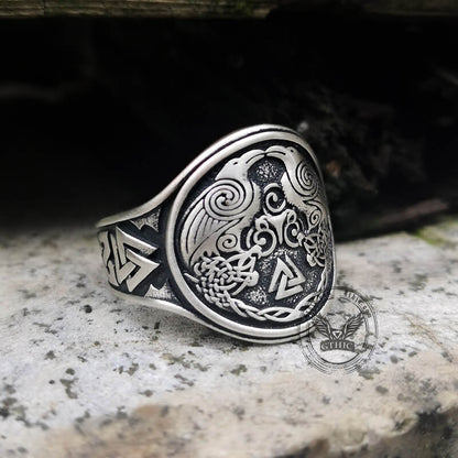 Viking Ravens Valknut Symbols Sterling Silver Ring