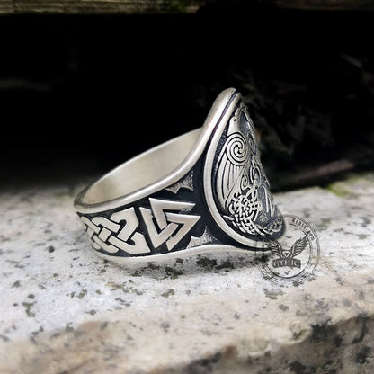 Viking Ravens Valknut Symbols Sterling Silver Ring