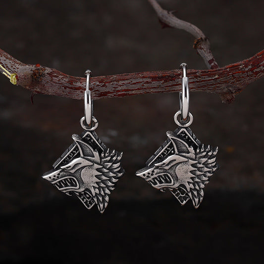 Viking Rune Wolf Head Stainless Steel Earrings