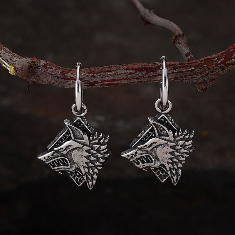 Viking Rune Wolf Head Stainless Steel Earrings