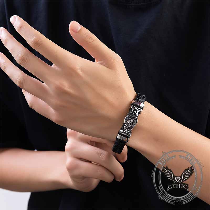Viking Runes Valknut Stainless Steel Leather Bracelet