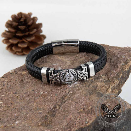 Viking Runes Valknut Stainless Steel Leather Bracelet