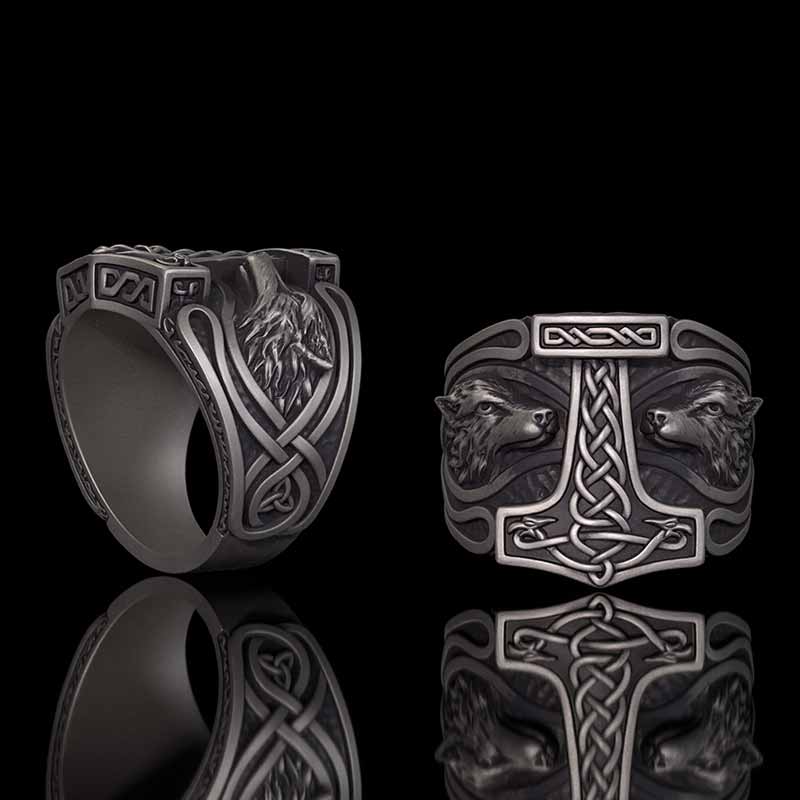 Viking Thor's Hammer Double Wolves Sterling Silver Ring