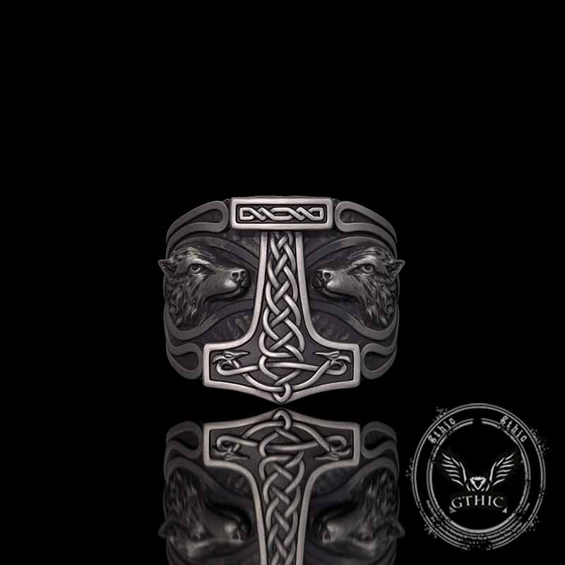 Viking Thor's Hammer Double Wolves Sterling Silver Ring