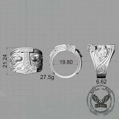 Viking Thor's Hammer Double Wolves Sterling Silver Ring