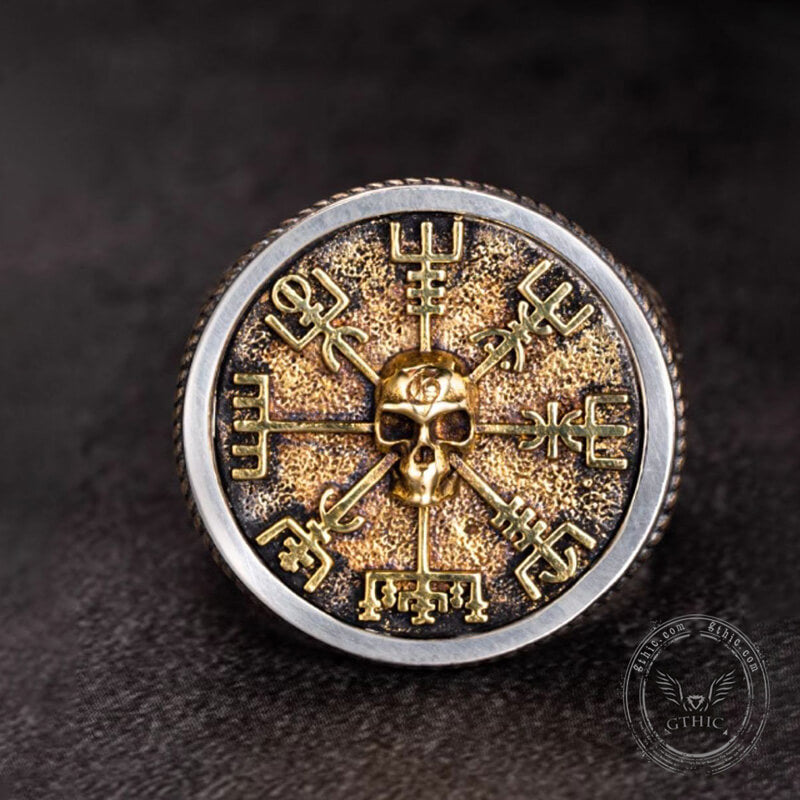 Viking Vegvisir Sterling Skull Silver Inlaid Brass Ring