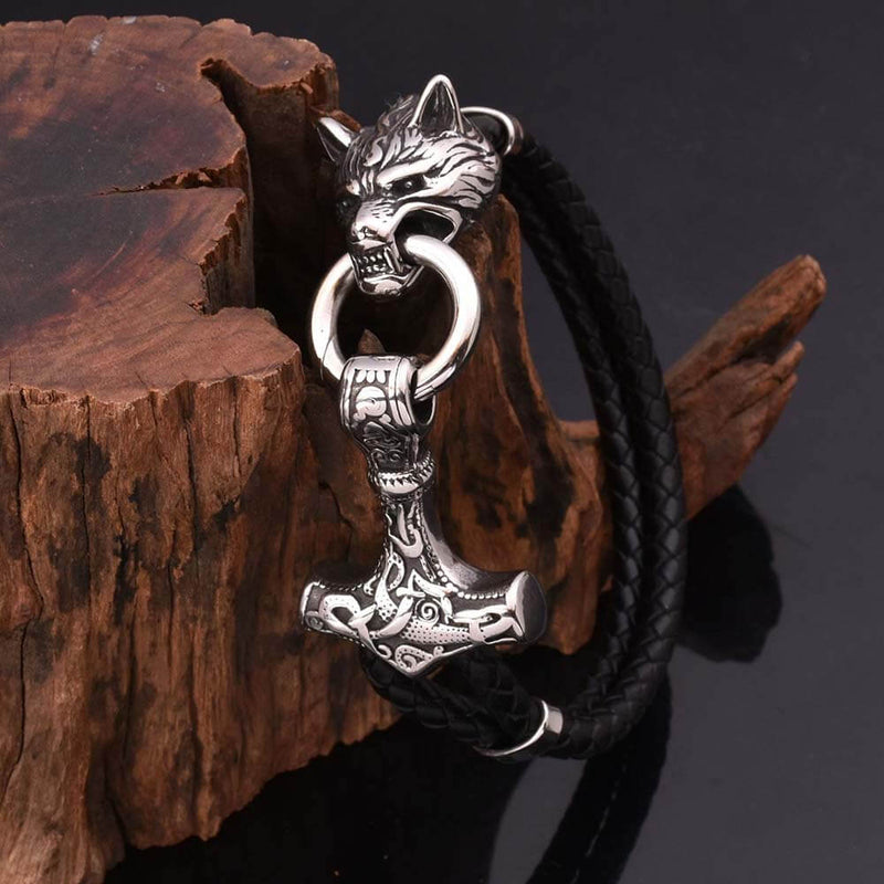 Viking Wolf Head Stainless Steel Leather Bracelet