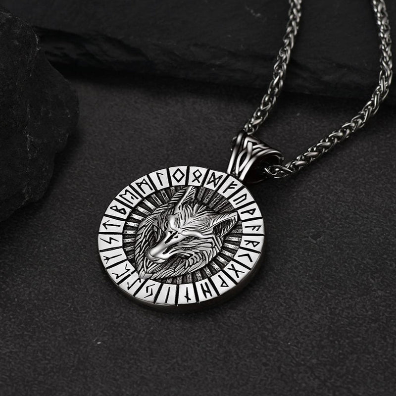Viking Wolf Medal Necklace With Runes Jewelry for