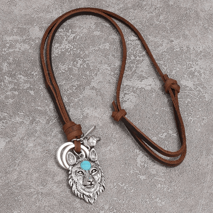 Adjustable Brown Necklace of 100% Genuine Leather / Punk Pendant in Form Wolf Head