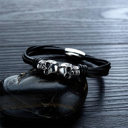 Black Double Skull Bracelets for and / Stainless Steel Bangle Jewelry