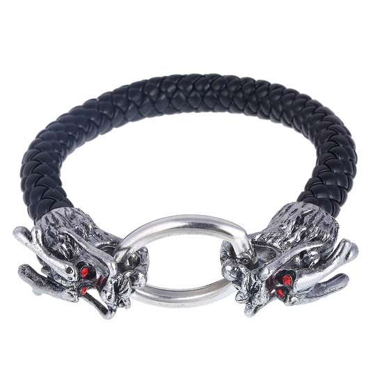 Bracelets With Metal Skull and Dragon Head / Handmade Leather Jewelry for