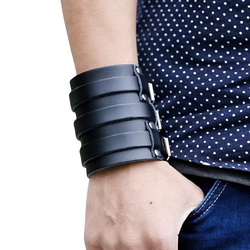 Genuine Leather Bracelet in Punk Style / Wide Cuff Charm Bracelet