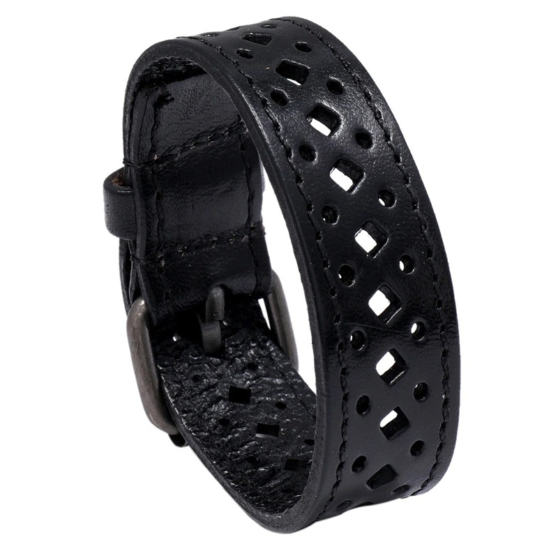 Genuine Leather Bracelet With Geometric Pattern / Wide Bangle for and