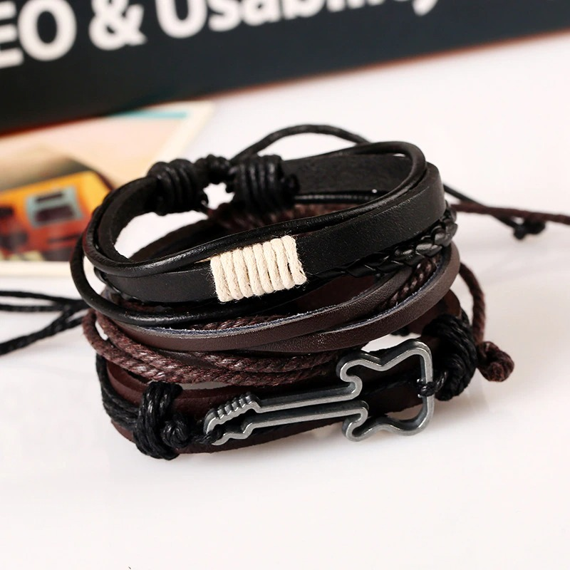 Genuine Leather With Guitar / Multi-layer Punk Bracelets With Braided Rope