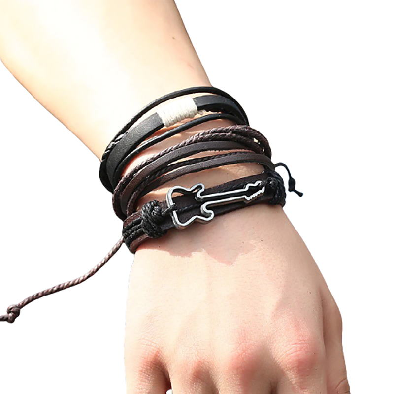 Genuine Leather With Guitar / Multi-layer Punk Bracelets With Braided Rope