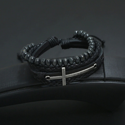 Leather Bracelets With Cross / Adjustable Wax Cord Bracelet in Rock Style