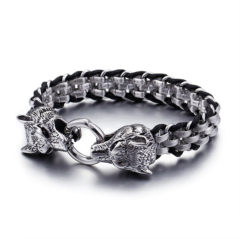 Stainless Steel Cowhide Leather Bracelet With Wolf Head / Male Jewelry
